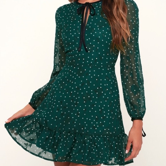 Moon river Forest Green Polka Dot Print Dress XS - Picture 2 of 13